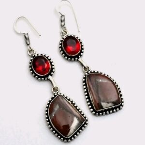 Montana Agate, Garnet Gemstone 925 Sterling Silver Handmade Dangle Earrings